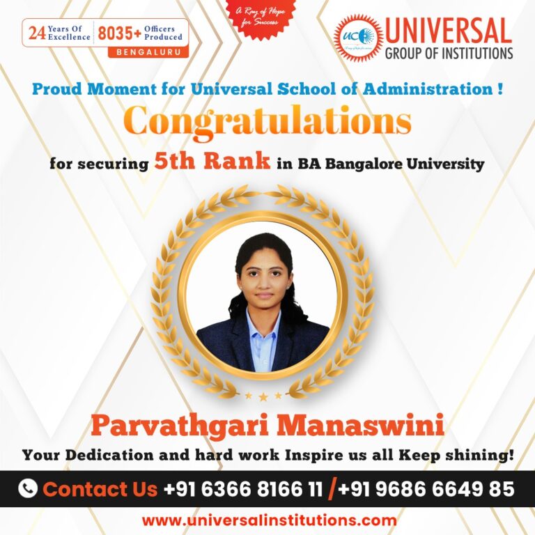 🏅 Universal School of Administration Student Ranks 5th in Bangalore University: Parvathgari Manaswini Shines Bright